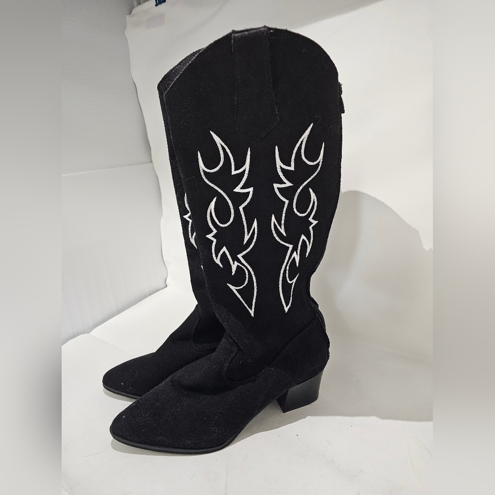 Black Suede Cowboy Boots with White Embroidery